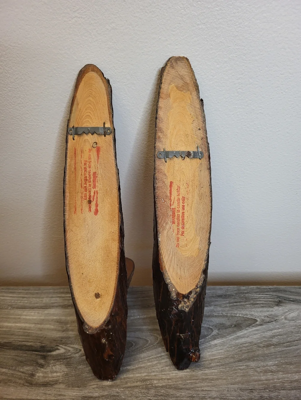 Pair Vintage Handcrafted Live Edge Wood Wall Sconces Lacquer Finish